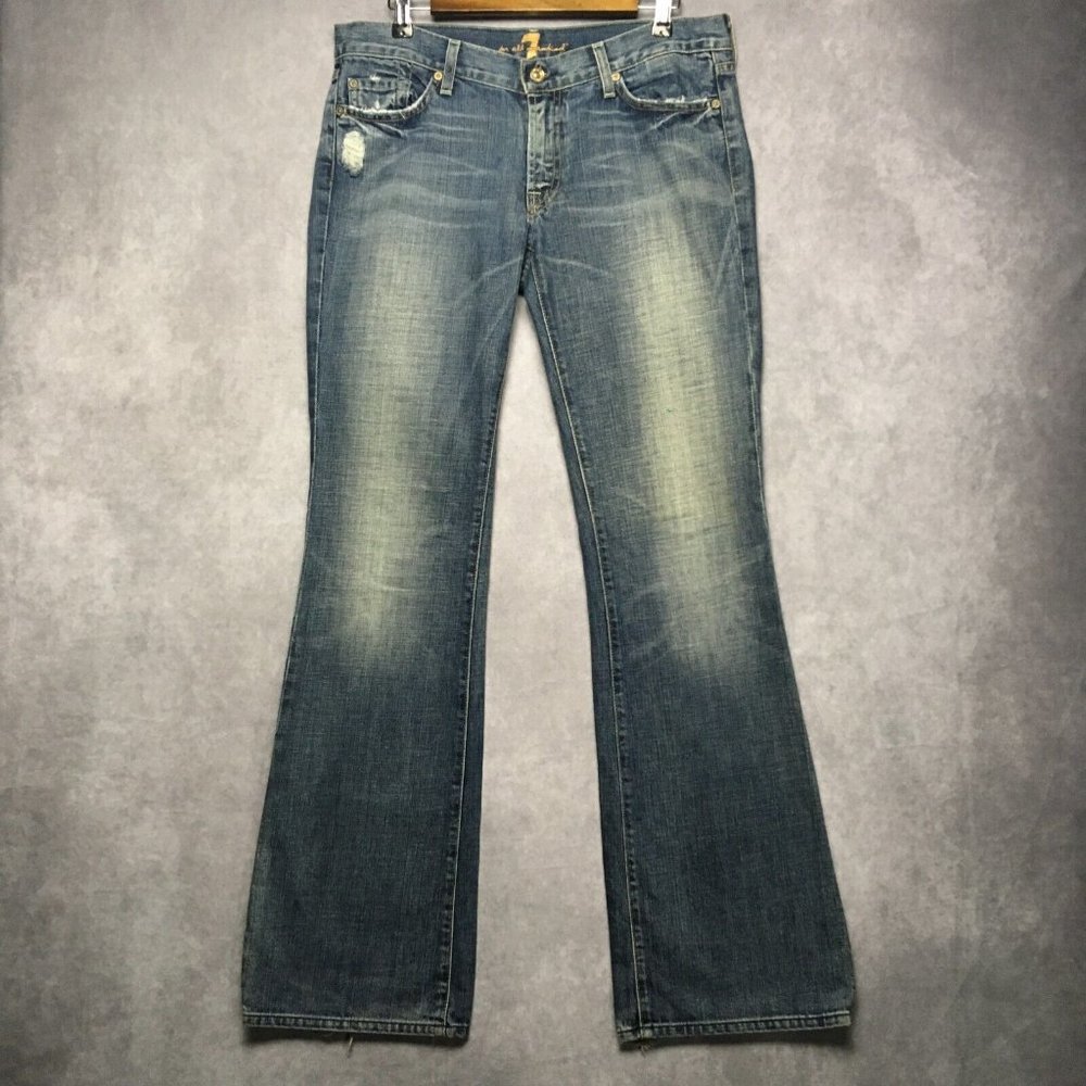 7FAM Womens Flare Blue Jeans - size 31 - 100% Cotton Distressed Made USA Denim